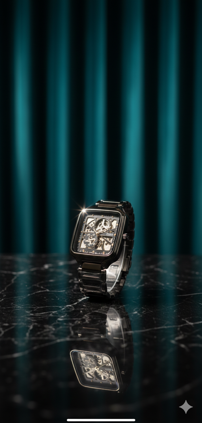 Luxury Black Skeleton Dial Automatic Watch — Square Case & Stainless Steel Bracelet