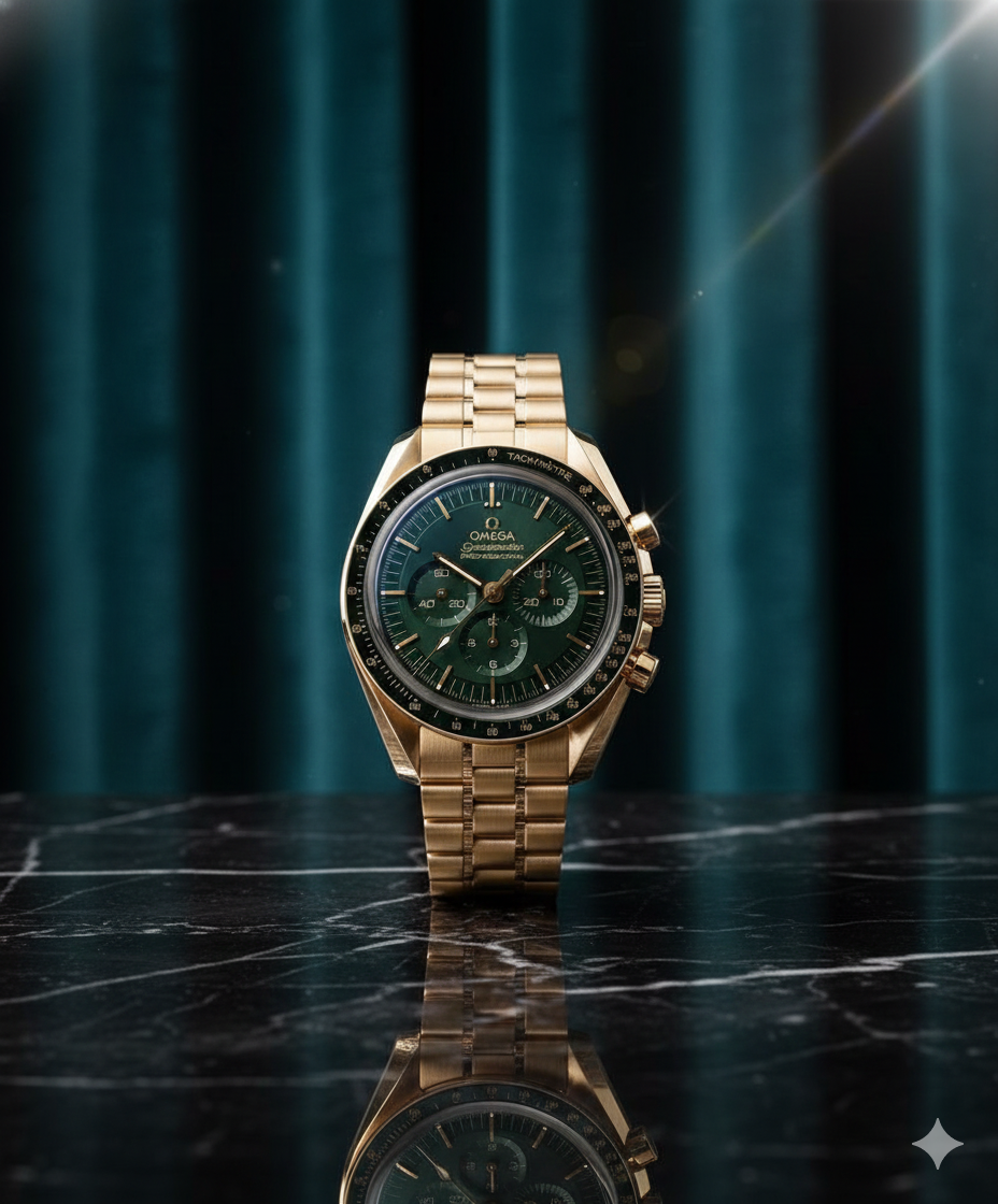 Omega Speedmaster Professional — Green Dial Chronograph Luxury Gold Stainless-Steel Watch