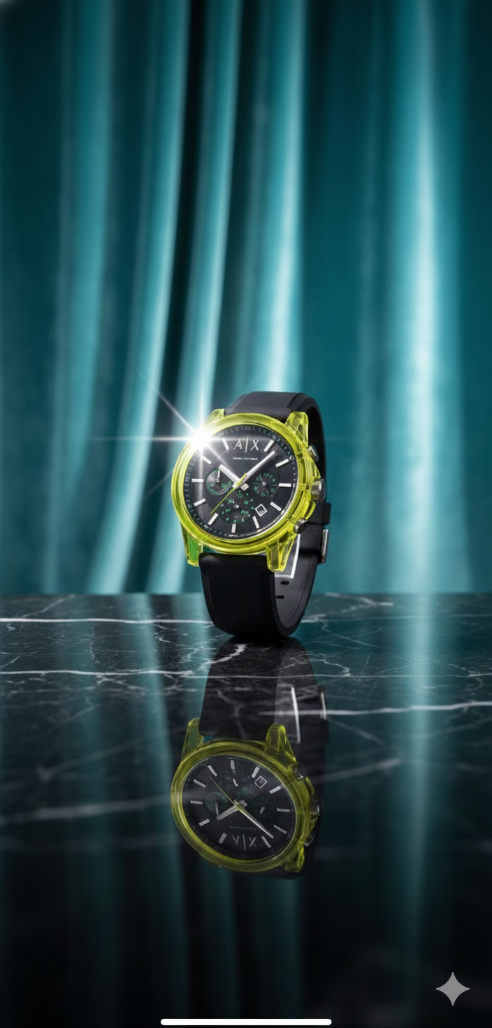 Armani Exchange Outer Banks AX1337 – Neon‑green transparent case chronograph