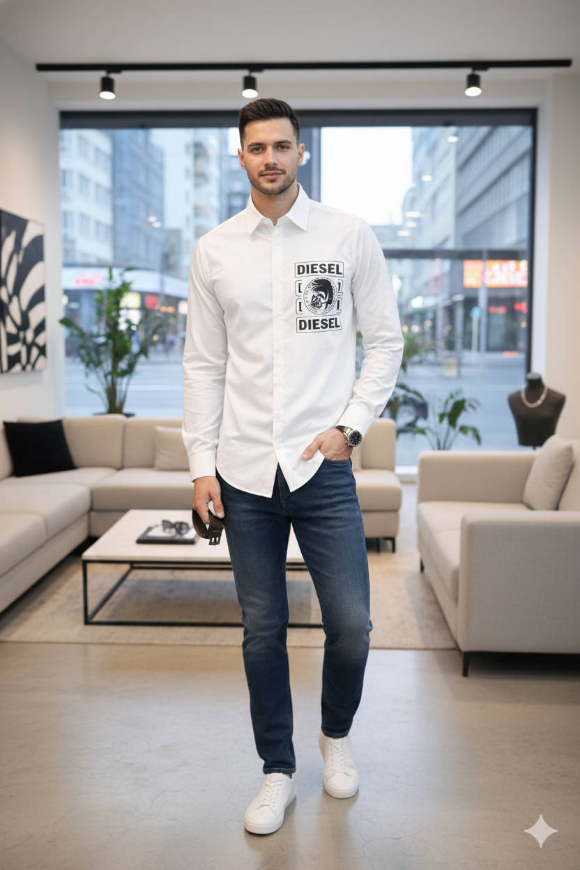 Diesel Men’s White Premium Cotton Casual Shirt with Printed Logo