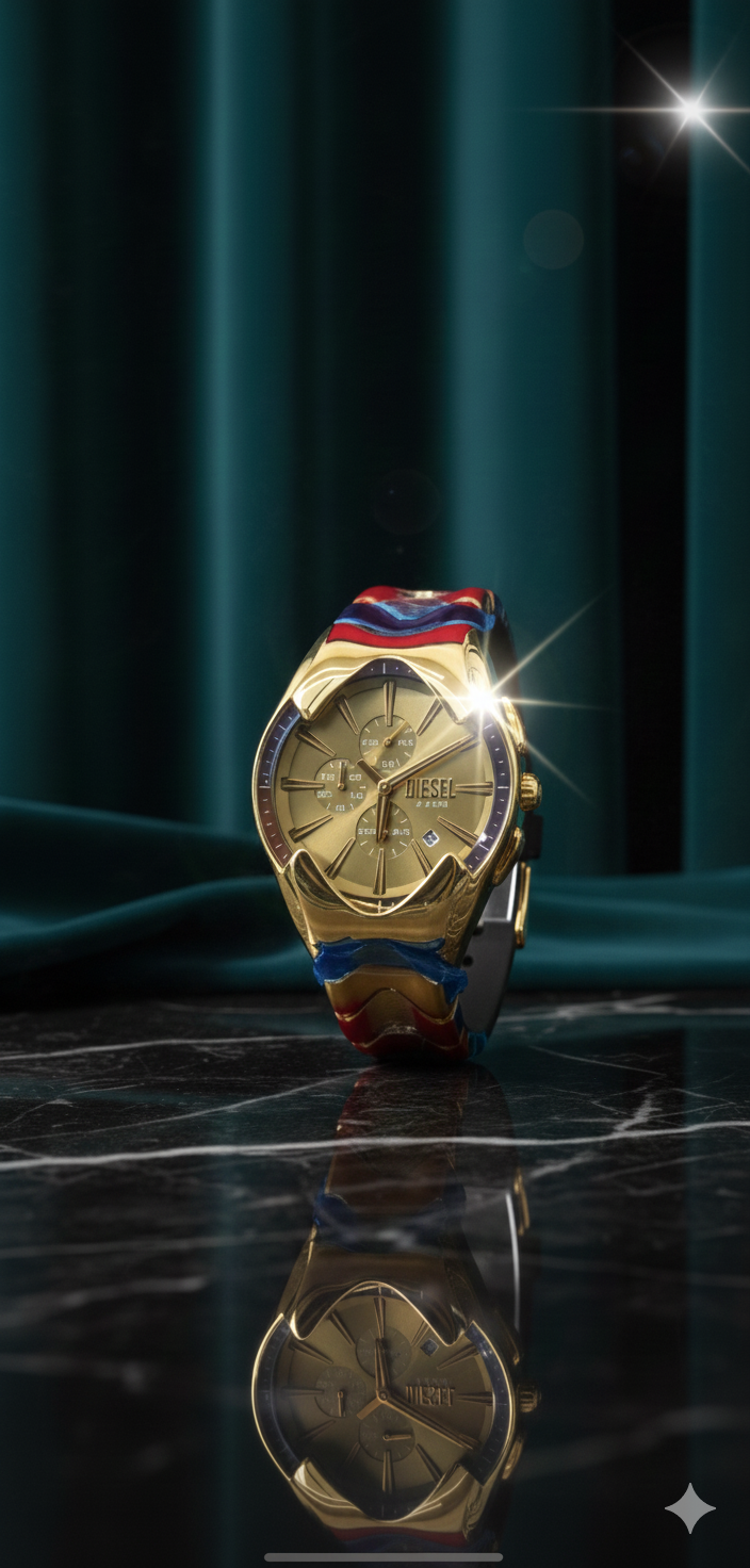 Diesel Spiked DZ4685 – Gold‑tone bracelet, green sunray dial chronograph