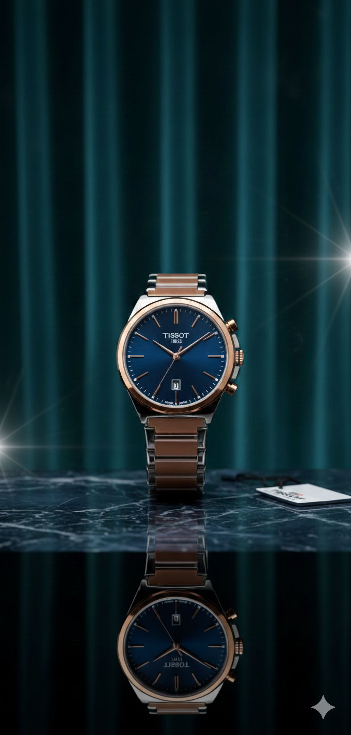 Tissot Blue Dial Chronograph Wrist Watch — Luxury Stainless Steel Rose-Gold Bracelet