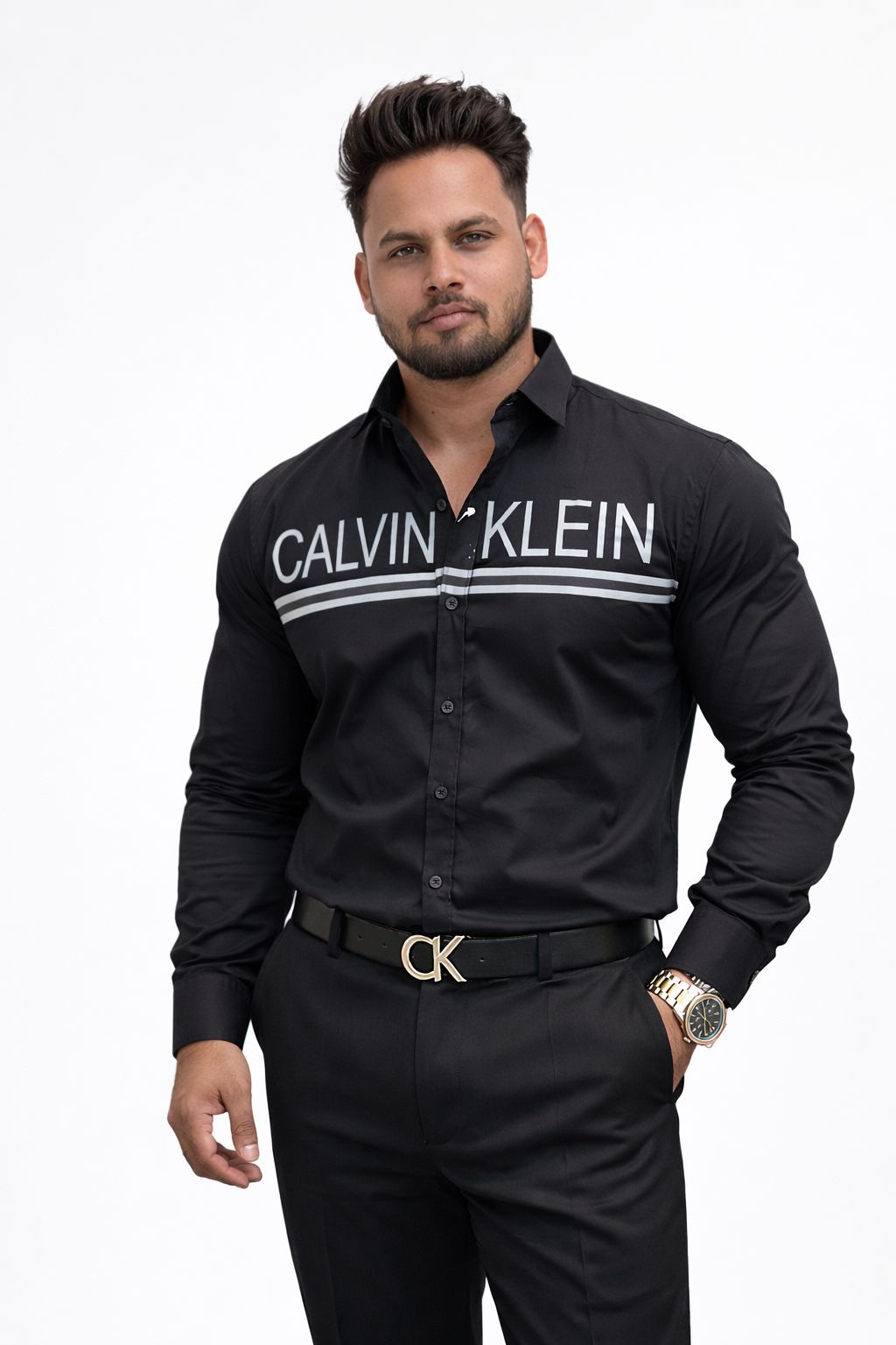 Premium Men’s CK Style Black Premium Cotton Shirt with Bold Chest Print | Slim Fit Party Wear