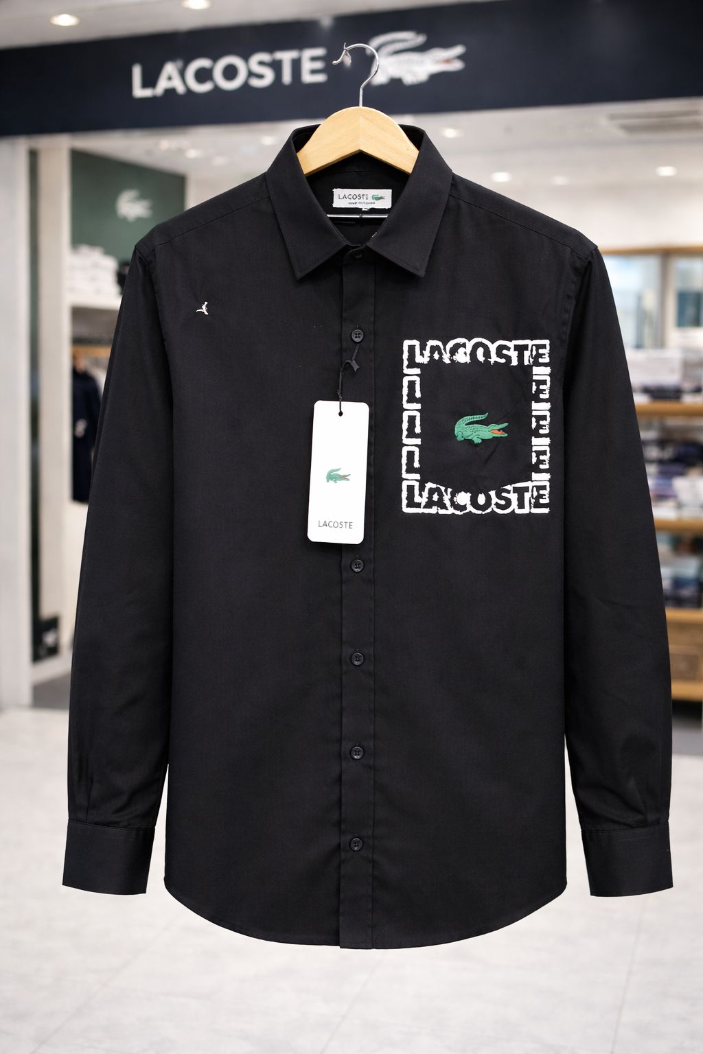 Lacoste Men’s Black Signature Logo Cotton Shirt | Slim Fit | Premium Casual & Formal Wear