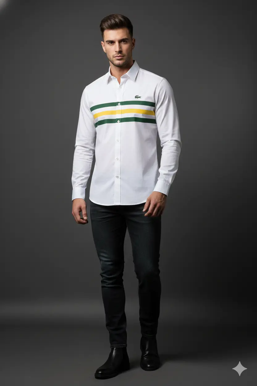 Premium Lacoste Men’s White Striped Cotton Shirt | Signature Logo | Slim Fit Premium Wear