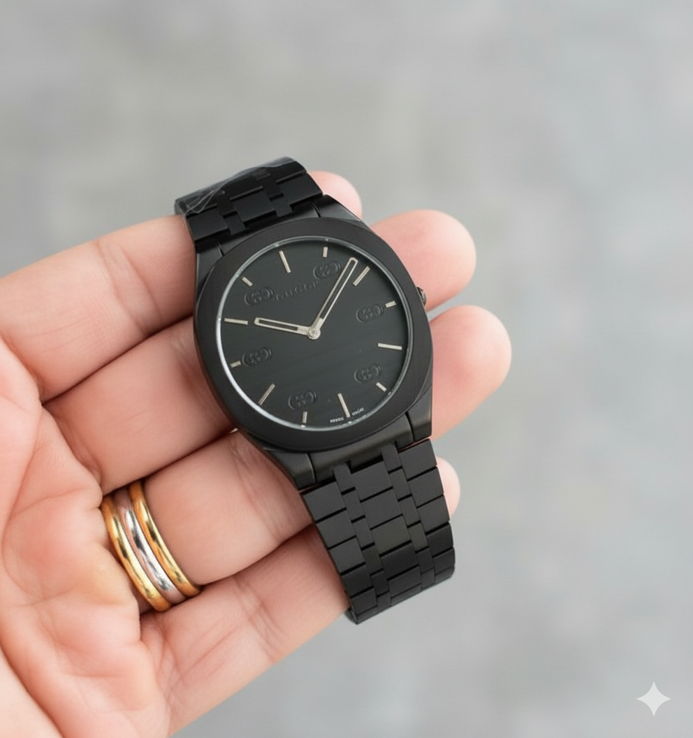 GUCCI All-Black Luxury Watch | Premium Designer Dial with Black Metal Strap