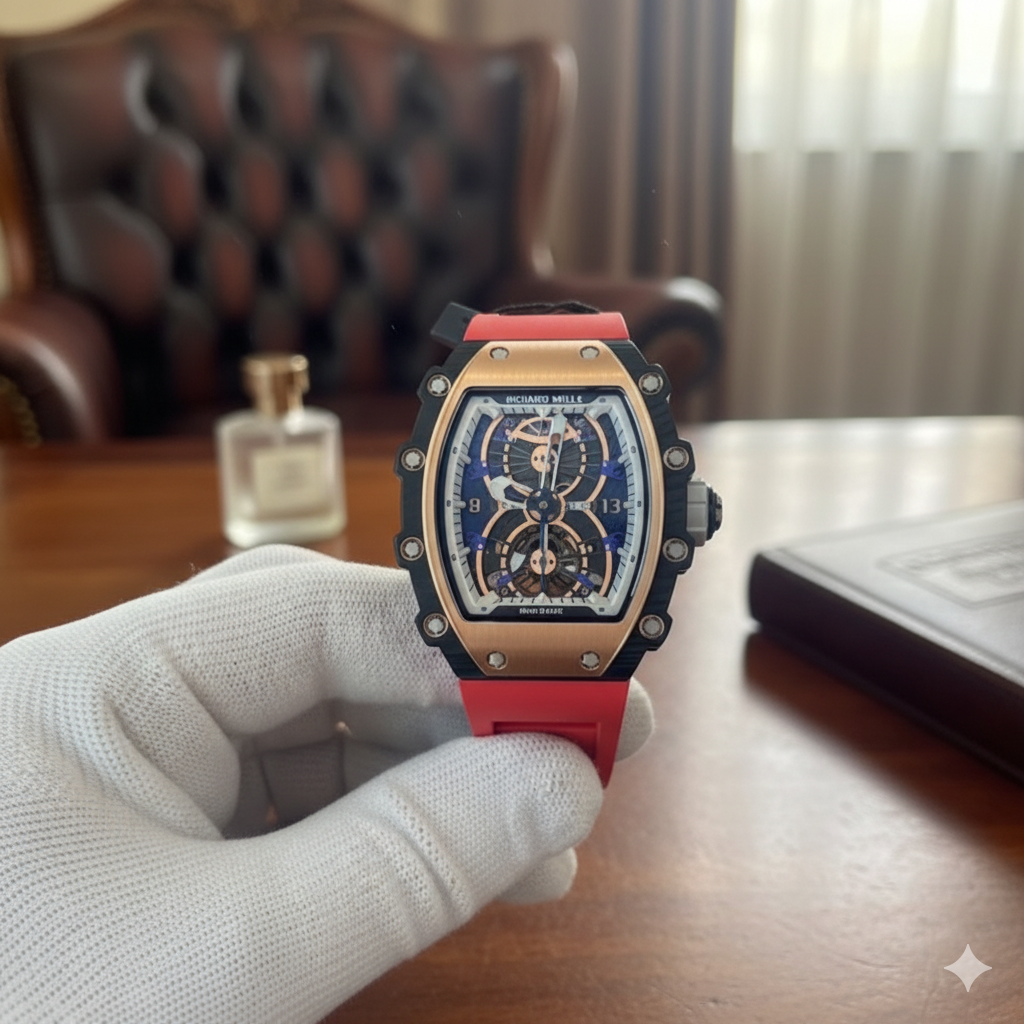 Richard Mille Luxury Skeleton Tonneau Watch – Red Strap Edition