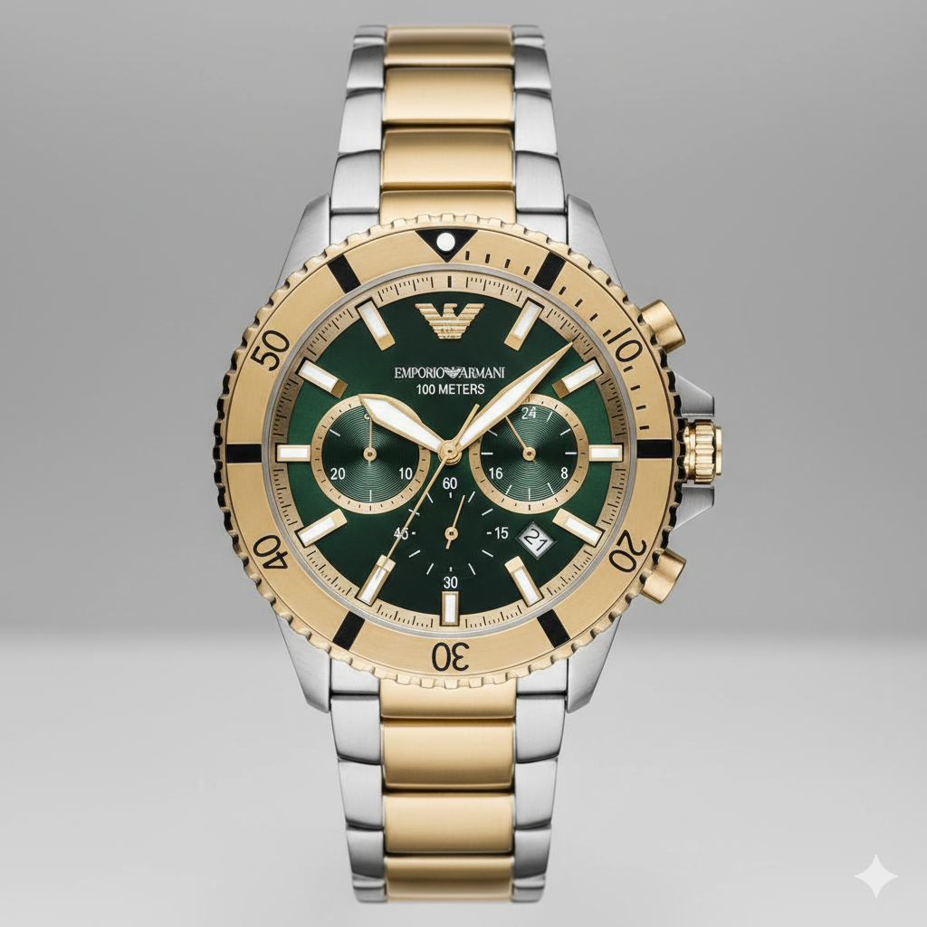 Emporio Armani Two-Tone Chronograph Watch – Green Dial Luxury Edition