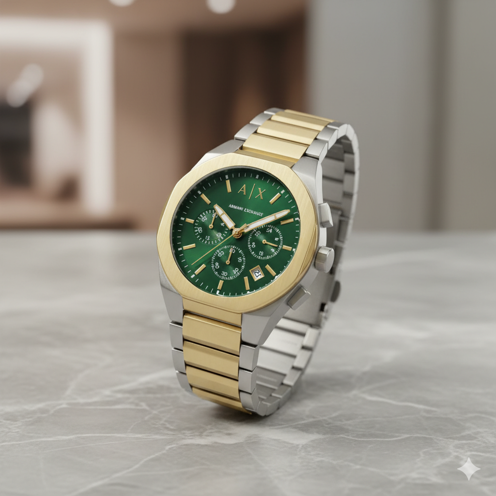 Armani Exchange (A|X) Green Dial Two-Tone Luxury Chronograph Watch