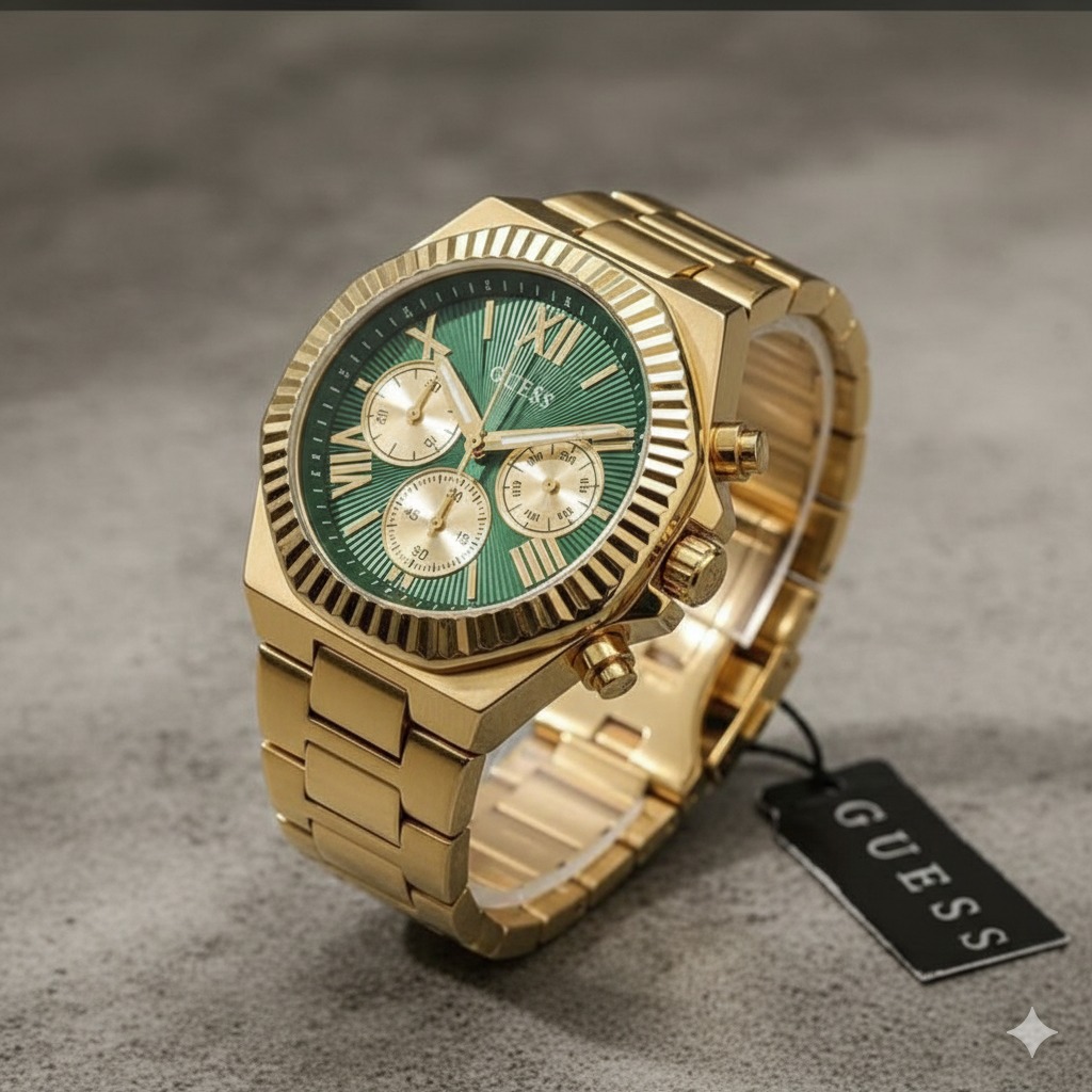 GUESS Gold Luxury Chronograph Watch – Green Dial with Premium Gold Bracelet