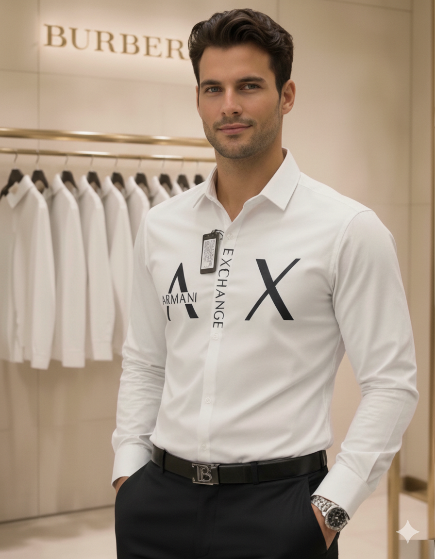 Original Armani Exchange White Logo Slim Fit White Shirt for Men