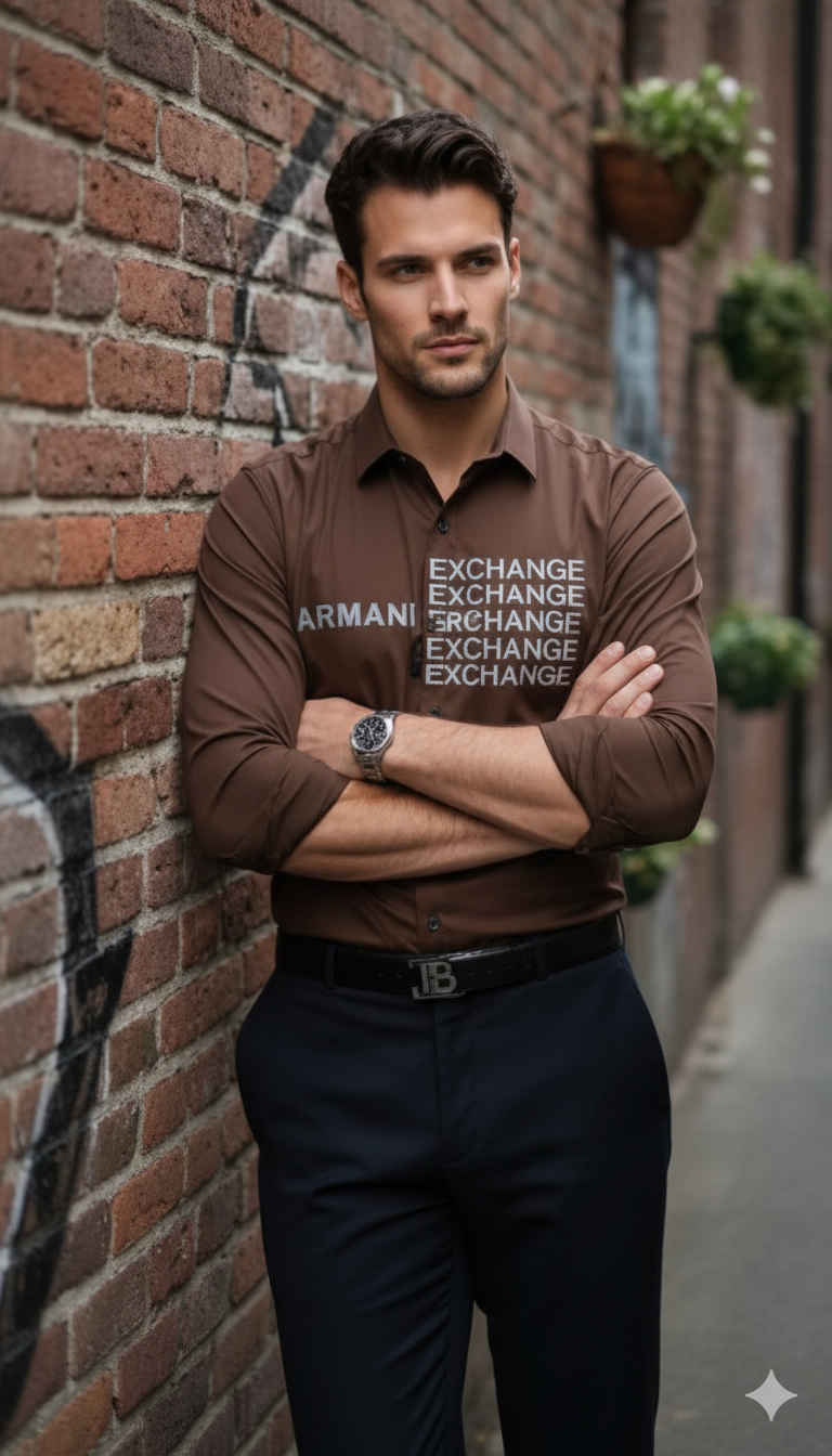 Originail Amrani Exchange Brown Elegant Men’s Shirt | Office Wear & Night Party